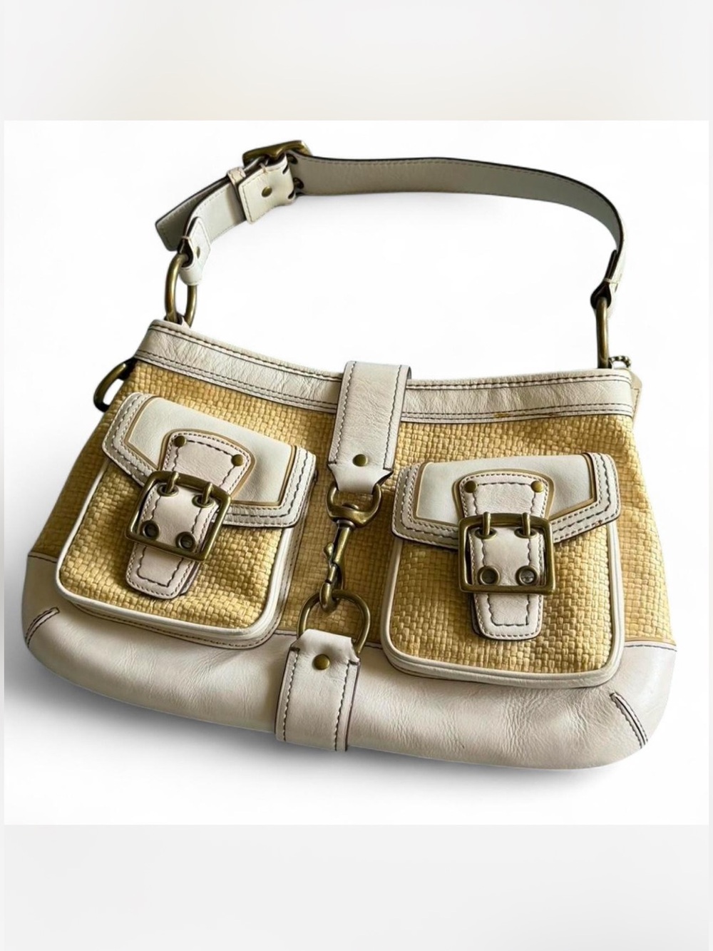 Rare Vintage Y2K Coach Legacy Woven Straw & Ivory Leather Hobo Shoulder Bag